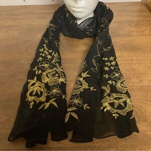5/$15 Pretty Sheer Black Scarf with Metallic Gold Floral Embroidery